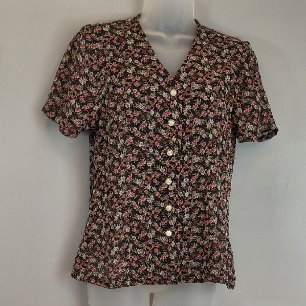 Algo Woman's Floral Button-Up Black Short Sleeve Top Size S?